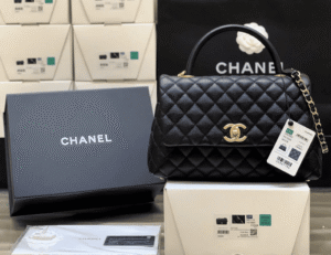 Chanel Black Quilted Top Handle Bag with Gold Chain